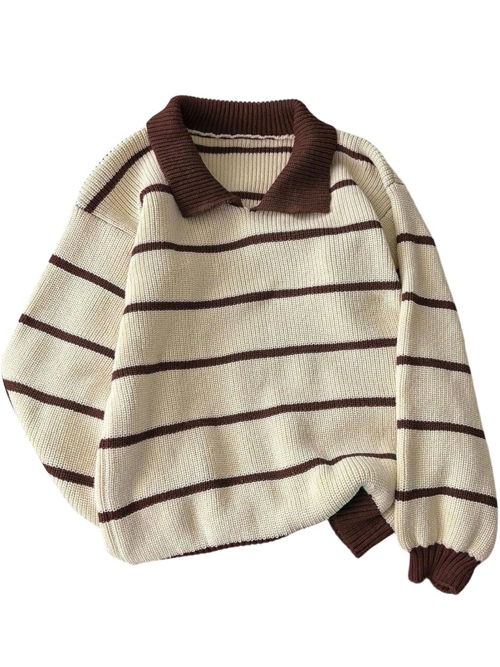 Cream & Brown Striped Polo Knit Sweater